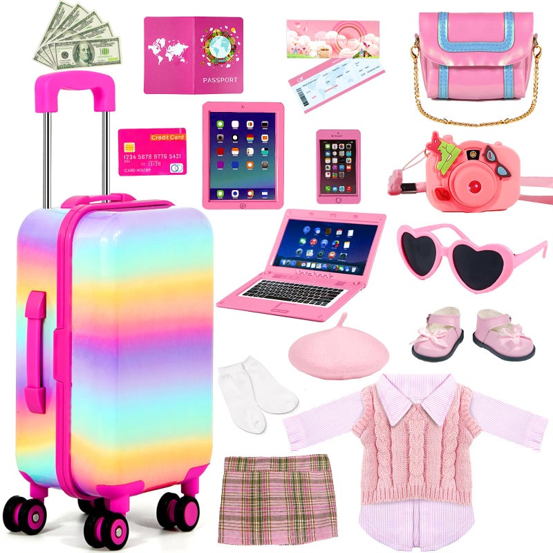 WONDOLL 18-inch-Doll-Clothes and Accessories - Doll-Travel-Suitcase Luggage  Doll-Clothes and Shoes  Bag  Sunglasses  Camera  Passport  Notebook  Phone  pad Doll Travel Gear Play Set Fit 18 inch Doll - Image 2